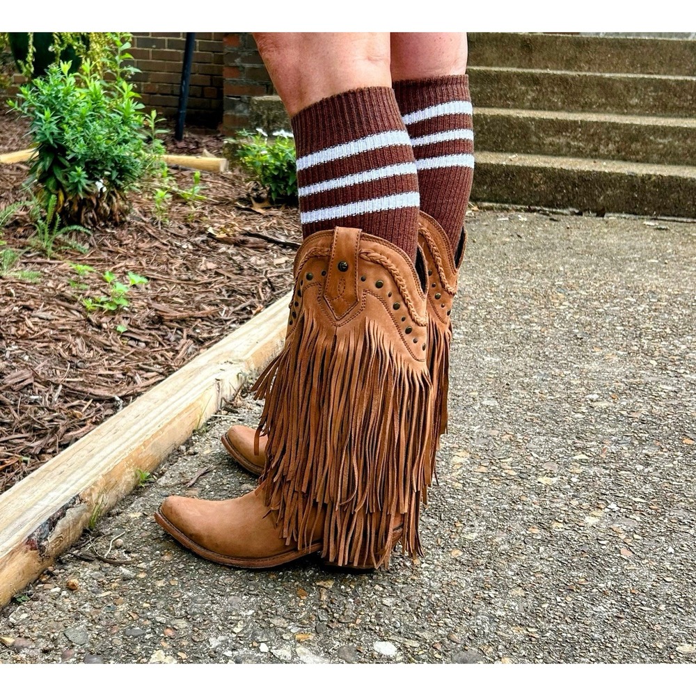 Liberty Black Tan Leather Fringe Western Boots LB-71124 Studded Pointed Toe 8 - Picture 4 of 8